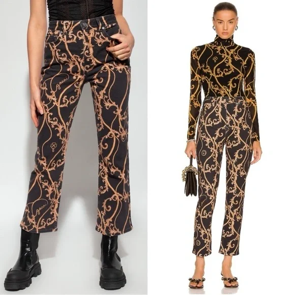 GANNI 90s Baroque Logo Print Denim‎ High Rise Cropped Bootcut Flare Leg Jeans 26